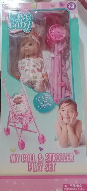 Muñeca Baby Love 30 Cm Con Coche - Gorro Naranja Gorro Naranja