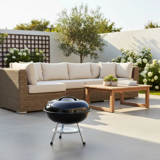 Parrilla Portátil Redonda A Carbón Con Tapa 38x35cm Negro